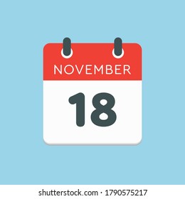 Vektorsymbol Kalendertag - 18. November. Tage des Jahres Vektorgrafik flach Stil. Tag des Monats Sonntag, Montag, Dienstag, Mittwoch, Donnerstag, Freitag, Samstag. Herbstferien im November.