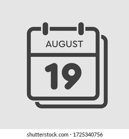 Vector icon calendar day - 19 August. Days of the year. Vector illustration flat style. Date day of month Sunday, Monday, Tuesday, Wednesday, Thursday, Friday, Saturday. Summer holidays spring August.