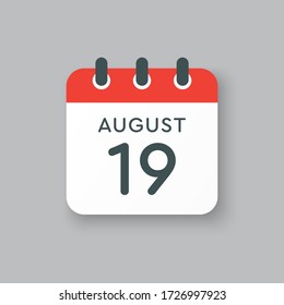 Icono vector día calendario - 19 de agosto. Días del año. Estilo plano de ilustración vectorial. Fecha día del mes Domingo, Lunes, Martes, Miércoles, Jueves, Viernes, Sábado. Verano primavera Agosto