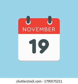 Vector icon calendar day - 19 November. Days of the year vector illustration flat style. Date day of month Sunday, Monday, Tuesday, Wednesday, Thursday, Friday, Saturday. Autumn holidays in November.