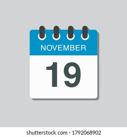 Día del calendario del icono del vector - 19 de noviembre. Días del año ilustración vectorial estilo plano. Fecha día del mes Domingo, Lunes, Martes, Miércoles, Jueves, Viernes, Sábado. Vacaciones de otoño en noviembre.