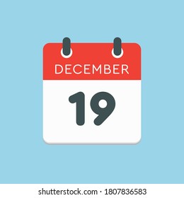 Vector icon calendar day - 19 December. 19th days of the month, vector illustration style. Date day of week Sunday, Monday, Tuesday, Wednesday, Thursday, Friday, Saturday. Winter holidays in December.