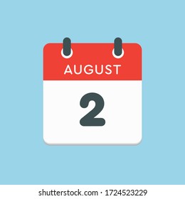 Vector icon calendar day - 2 August. Days of the year. Vector illustration flat style. Date day of month Sunday, Monday, Tuesday, Wednesday, Thursday, Friday, Saturday. Summer holidays spring August.