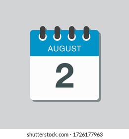 Icono vector día calendario - 2 de agosto. Días del año. Estilo plano de ilustración vectorial. Fecha día del mes Domingo, Lunes, Martes, Miércoles, Jueves, Viernes, Sábado. Las vacaciones de verano en la primavera de agosto.
