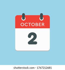 Vector icon calendar day - 2 October. Days of the year vector illustration flat style. Date day of month Sunday, Monday, Tuesday, Wednesday, Thursday, Friday, Saturday. Autumn holidays in October.