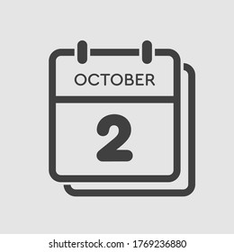 Vector icon calendar day - 2 October. Days of the year vector illustration flat style. Date day of month Sunday, Monday, Tuesday, Wednesday, Thursday, Friday, Saturday. Autumn holidays in October.