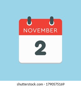 Vektorsymbol Kalendertag - 2. November. Tage des Jahres Vektorgrafik flach Stil. Tag des Monats Sonntag, Montag, Dienstag, Mittwoch, Donnerstag, Freitag, Samstag. Herbstferien im November.