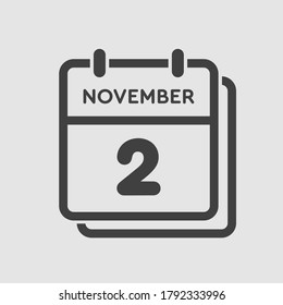 Vector icon calendar day - 2 November. Days of the year vector illustration flat style. Date day of month Sunday, Monday, Tuesday, Wednesday, Thursday, Friday, Saturday. Autumn holidays in November.