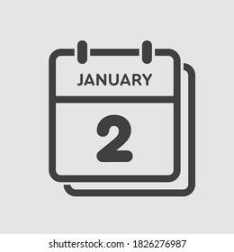 Vector icon calendar day - 2 January. 2th days of the month, vector illustration style. Date day of week Sunday, Monday, Tuesday, Wednesday, Thursday, Friday, Saturday. Winter holidays in January.
