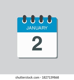 Vector icon calendar day - 2 January. 2th days of the month, vector illustration style. Date day of week Sunday, Monday, Tuesday, Wednesday, Thursday, Friday, Saturday. Winter holidays in January.