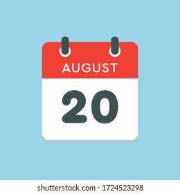 Icono vector día calendario - 20 de agosto. Días del año. Estilo plano de ilustración vectorial. Fecha día del mes Domingo, Lunes, Martes, Miércoles, Jueves, Viernes, Sábado. Verano primavera Agosto