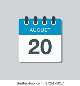 Vector icon calendar day - 20 August. Days of the year. Vector illustration flat style. Date day of month Sunday, Monday, Tuesday, Wednesday, Thursday, Friday, Saturday. Summer holidays spring August.