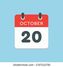 Vector icon calendar day - 20 October. Days of the year vector illustration flat style. Date day of month Sunday, Monday, Tuesday, Wednesday, Thursday, Friday, Saturday. Autumn holidays in October.