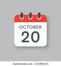 Día del calendario del icono del vector - 20 de octubre. Días del año ilustración vectorial estilo plano. Fecha día del mes Domingo, Lunes, Martes, Miércoles, Jueves, Viernes, Sábado. Vacaciones de otoño en octubre.