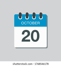 Vector icon calendar day - 20 October. Days of the year vector illustration flat style. Date day of month Sunday, Monday, Tuesday, Wednesday, Thursday, Friday, Saturday. Autumn holidays in October.