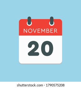 Vector icon calendar day - 20 November. Days of the year vector illustration flat style. Date day of month Sunday, Monday, Tuesday, Wednesday, Thursday, Friday, Saturday. Autumn holidays in November.