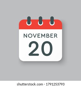 Vector icon calendar day - 20 November. Days of the year vector illustration flat style. Date day of month Sunday, Monday, Tuesday, Wednesday, Thursday, Friday, Saturday. Autumn holidays in November.