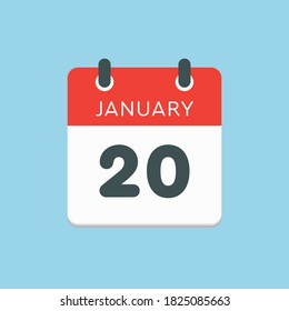 Día del calendario del icono del vector - 20 de enero. 20 días del mes, estilo de ilustración vectorial. Fecha día de la semana Domingo, Lunes, Martes, Miércoles, Jueves, Viernes, Sábado. Vacaciones de invierno en enero.