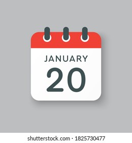 Vector icon calendar day - 20 January. 20th days of the month, vector illustration style. Date day of week Sunday, Monday, Tuesday, Wednesday, Thursday, Friday, Saturday. Winter holidays in January.