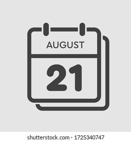 Vector Symbol Kalendertag - 21. August. Tage des Jahres. Vector Illustrationsflache Stil. Tag des Monats Sonntag, Montag, Dienstag, Mittwoch, Donnerstag, Freitag, Samstag. Sommerferien Frühjahr August.