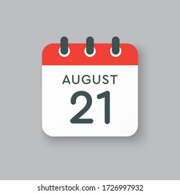 Vector icon calendar day - 21 August. Days of the year. Vector illustration flat style. Date day of month Sunday, Monday, Tuesday, Wednesday, Thursday, Friday, Saturday. Summer holidays spring August.