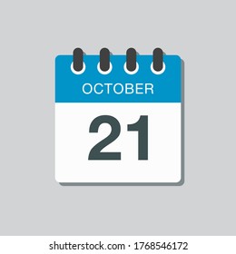 Vektorsymbol Kalendertag - 21. Oktober. Tage des Jahres Vektorgrafik flach Stil. Tag des Monats Sonntag, Montag, Dienstag, Mittwoch, Donnerstag, Freitag, Samstag. Herbstferien im Oktober.