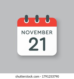 Vector icon calendar day - 21 November. Days of the year vector illustration flat style. Date day of month Sunday, Monday, Tuesday, Wednesday, Thursday, Friday, Saturday. Autumn holidays in November.