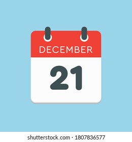 Icono vector día calendario - 21 de diciembre. 21 días del mes, estilo de ilustración vectorial. Fecha día de la semana Domingo, Lunes, Martes, Miércoles, Jueves, Viernes, Sábado. Vacaciones de invierno en diciembre.