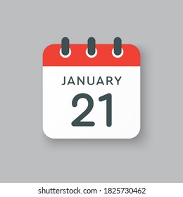 Vector icon calendar day - 21 January. 21th days of the month, vector illustration style. Date day of week Sunday, Monday, Tuesday, Wednesday, Thursday, Friday, Saturday. Winter holidays in January.