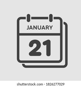 Vector icon calendar day - 21 January. 21th days of the month, vector illustration style. Date day of week Sunday, Monday, Tuesday, Wednesday, Thursday, Friday, Saturday. Winter holidays in January.