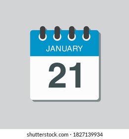 Vector icon calendar day - 21 January. 21th days of the month, vector illustration style. Date day of week Sunday, Monday, Tuesday, Wednesday, Thursday, Friday, Saturday. Winter holidays in January.