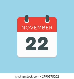 Vector icon calendar day - 22 November. Days of the year vector illustration flat style. Date day of month Sunday, Monday, Tuesday, Wednesday, Thursday, Friday, Saturday. Autumn holidays in November.