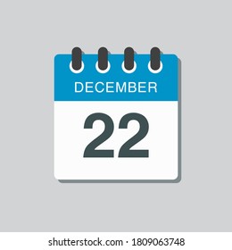 Vector icon calendar day - 22 December. 22th days of the month, vector illustration style. Date day of week Sunday, Monday, Tuesday, Wednesday, Thursday, Friday, Saturday. Winter holidays in December.