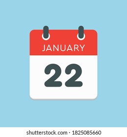 Vector icon calendar day - 22 January. 22th days of the month, vector illustration style. Date day of week Sunday, Monday, Tuesday, Wednesday, Thursday, Friday, Saturday. Winter holidays in January.