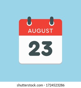 Vector Symbol Kalendertag - 23. August. Tage des Jahres. Vector Illustrationsflache Stil. Tag des Monats Sonntag, Montag, Dienstag, Mittwoch, Donnerstag, Freitag, Samstag. Sommerferien im August