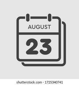 Vector icon calendar day - 23 August. Days of the year. Vector illustration flat style. Date day of month Sunday, Monday, Tuesday, Wednesday, Thursday, Friday, Saturday. Summer holidays spring August.