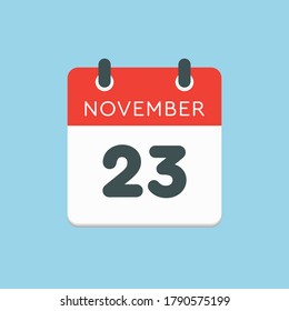 Vektorsymbol Kalendertag - 23. November. Tage des Jahres Vektorgrafik flach Stil. Tag des Monats Sonntag, Montag, Dienstag, Mittwoch, Donnerstag, Freitag, Samstag. Herbstferien im November.