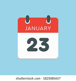 Vector icon calendar day - 23 January. 23th days of the month, vector illustration style. Date day of week Sunday, Monday, Tuesday, Wednesday, Thursday, Friday, Saturday. Winter holidays in January.