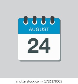 Vector icon calendar day - 24 August. Days of the year. Vector illustration flat style. Date day of month Sunday, Monday, Tuesday, Wednesday, Thursday, Friday, Saturday. Summer holidays spring August.
