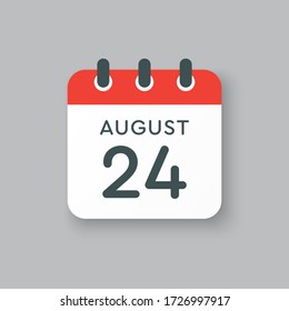 Vector icon calendar day - 24 August. Days of the year. Vector illustration flat style. Date day of month Sunday, Monday, Tuesday, Wednesday, Thursday, Friday, Saturday. Summer holidays spring August.