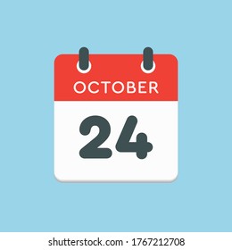 Vector icon calendar day - 24 October. Days of the year vector illustration flat style. Date day of month Sunday, Monday, Tuesday, Wednesday, Thursday, Friday, Saturday. Autumn holidays in October.