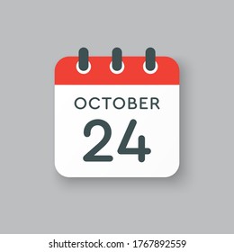 Vector icon calendar day - 24 October. Days of the year vector illustration flat style. Date day of month Sunday, Monday, Tuesday, Wednesday, Thursday, Friday, Saturday. Autumn holidays in October.