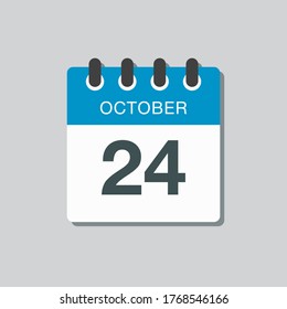 Vector icon calendar day - 24 October. Days of the year vector illustration flat style. Date day of month Sunday, Monday, Tuesday, Wednesday, Thursday, Friday, Saturday. Autumn holidays in October.