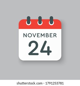 Vector icon calendar day - 24 November. Days of the year vector illustration flat style. Date day of month Sunday, Monday, Tuesday, Wednesday, Thursday, Friday, Saturday. Autumn holidays in November.