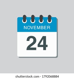 Vector icon calendar day - 24 November. Days of the year vector illustration flat style. Date day of month Sunday, Monday, Tuesday, Wednesday, Thursday, Friday, Saturday. Autumn holidays in November.