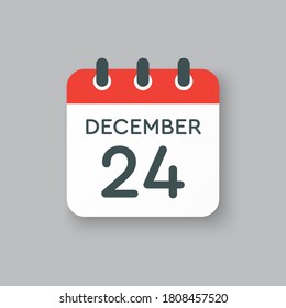 Vector icon calendar day - 24 December. 24th days of the month, vector illustration style. Date day of week Sunday, Monday, Tuesday, Wednesday, Thursday, Friday, Saturday. Winter holidays in December
