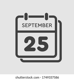 Vector icon calendar day - 25 September. Days of the year vector illustration flat style. Date day of month Sunday, Monday, Tuesday, Wednesday, Thursday, Friday, Saturday. Autumn holidays in September