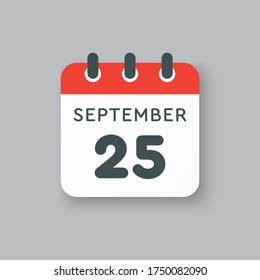 Vector icon calendar day - 25 September. Days of the year vector illustration flat style. Date day of month Sunday, Monday, Tuesday, Wednesday, Thursday, Friday, Saturday. Autumn holidays in September