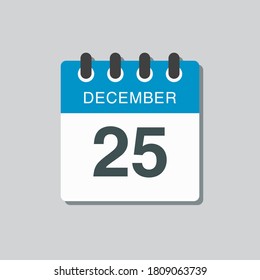 Vector icon calendar day - 25 December. 25th days of the month, vector illustration style. Date day of week Sunday, Monday, Tuesday, Wednesday, Thursday, Friday, Saturday. Winter holidays in December.
