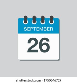 Icono vector día calendario - 26 de septiembre. Días del año ilustración vectorial estilo plano. Fecha día del mes Domingo, Lunes, Martes, Miércoles, Jueves, Viernes, Sábado. Vacaciones de otoño en septiembre